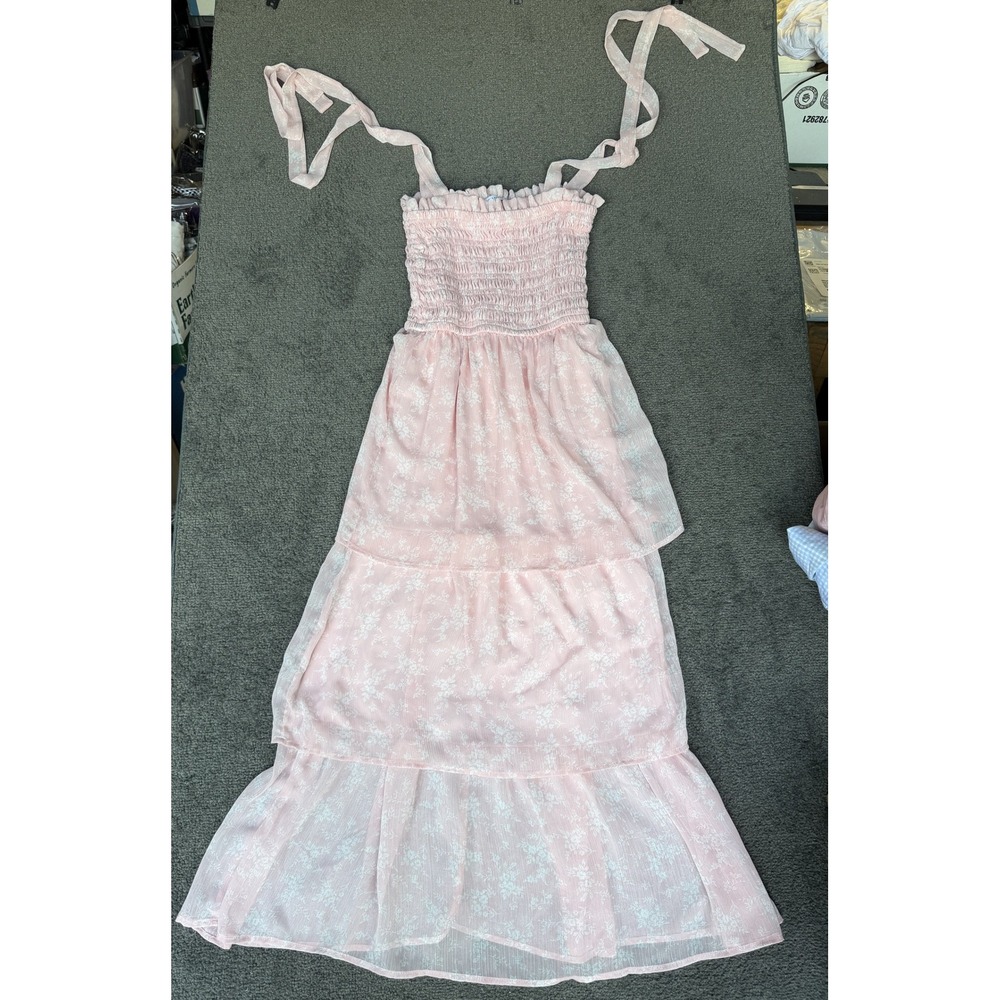 Love Tree Pink Floral Tiered Maxi Dress Smocked Tie Shoulder Size M 4922DN